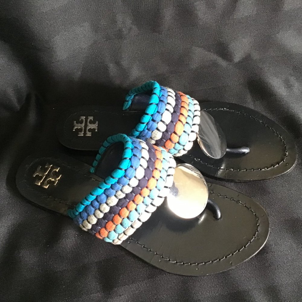 Tory Burch Women's Patos Sport Blue Silver Disk Thong Sandals Flip Flops Size 6 - Picture 3 of 8